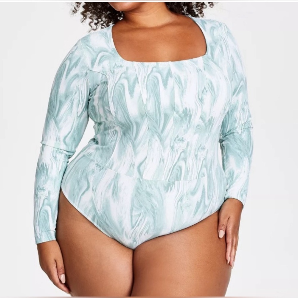 Jenni Intimates for Style Not Size  XL Marble Print Square Neckline Bodysuit